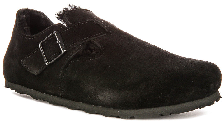 Zoccoli Birkenstock London | Pelle scamosciata nera con fodera in shearling da donna - calzata regolare