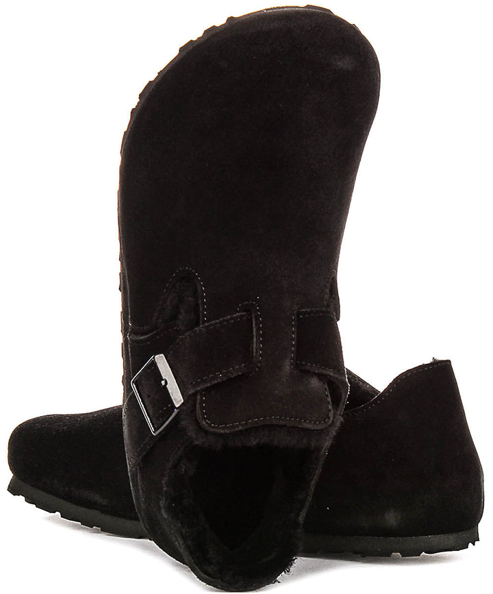 Zoccoli Birkenstock London | Pelle scamosciata nera con fodera in shearling da donna - calzata regolare