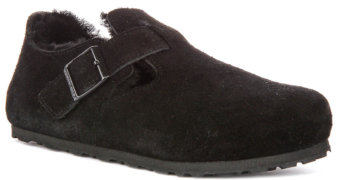 Zoccoli Birkenstock London | Pelle scamosciata nera con fodera in shearling da uomo e donna - calzata stretta