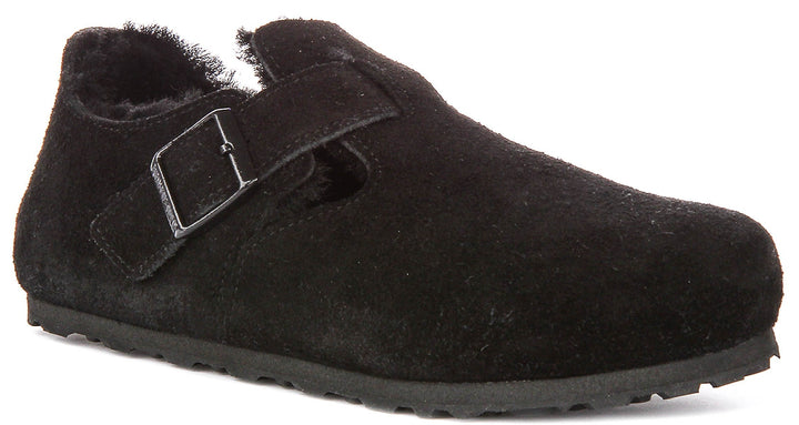 Zoccoli Birkenstock London | Pelle scamosciata nera con fodera in shearling da uomo e donna - calzata stretta