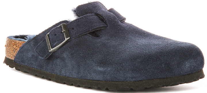 Zoccoli Birkenstock Boston | Pelle scamosciata blu navy con fodera in shearling da donna - calzata regolare