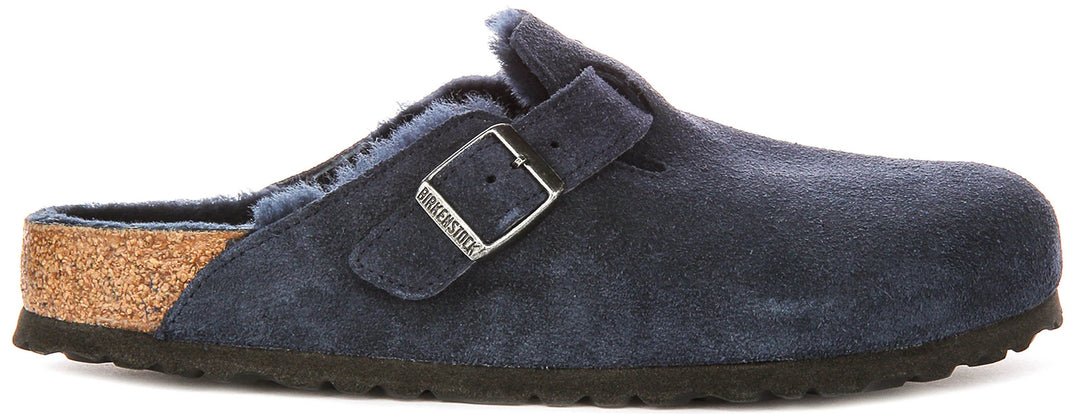 Zoccoli Birkenstock Boston | Pelle scamosciata blu navy con fodera in shearling da donna - calzata regolare