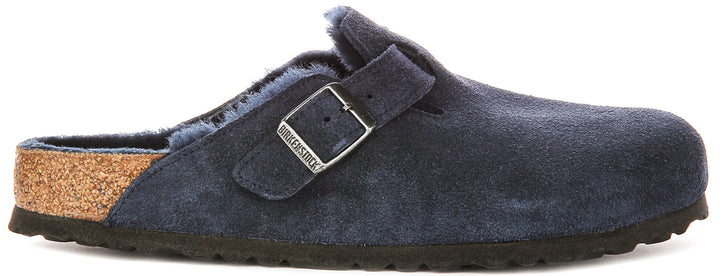 Zoccoli Birkenstock Boston | Pelle scamosciata blu navy con fodera in shearling da donna - calzata regolare