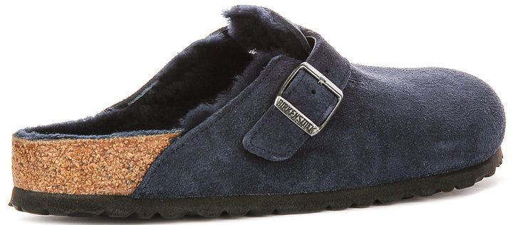 Zoccoli Birkenstock Boston | Pelle scamosciata blu navy con fodera in shearling da donna - calzata regolare