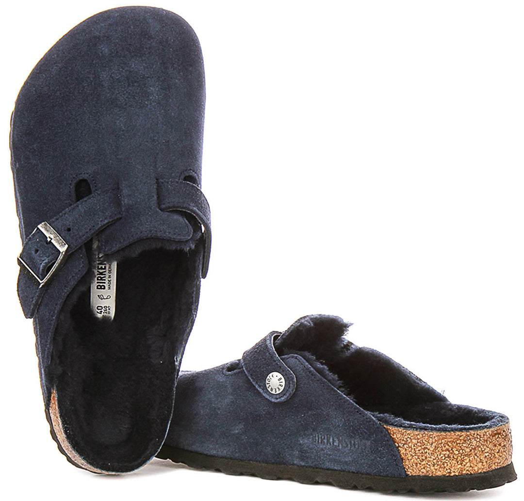 Zoccoli Birkenstock Boston | Pelle scamosciata blu navy con fodera in shearling da donna - calzata regolare