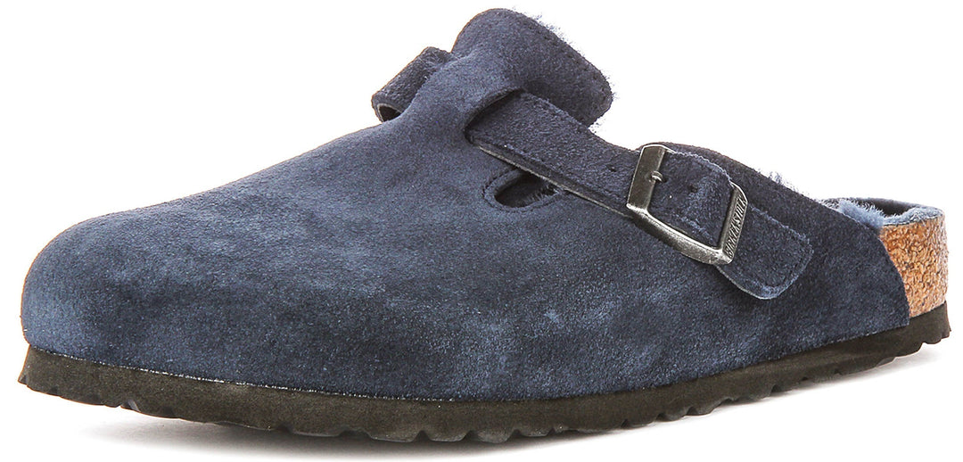 Zoccoli Birkenstock Boston | Pelle scamosciata blu navy con fodera in shearling da donna - calzata regolare