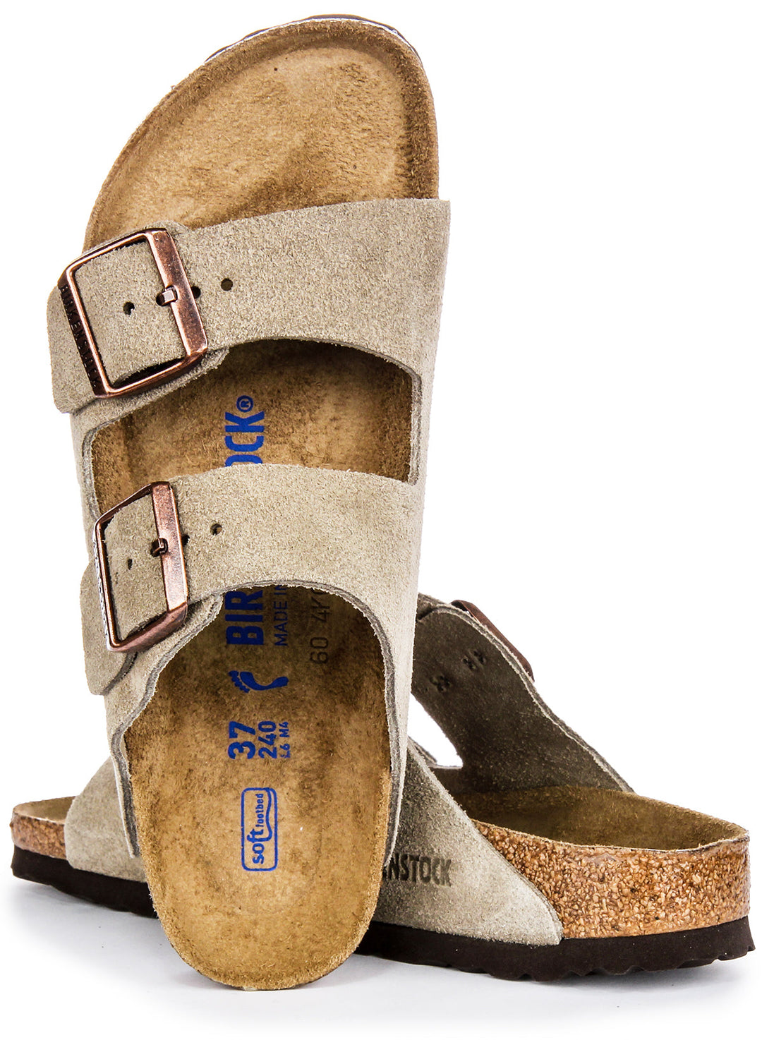 Sandali Birkenstock Arizona | Pelle scamosciata color tortora - Plantare morbido per donna - Vestibilità stretta